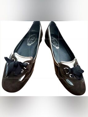 Tod's Holiday Ballerina Brown Suede Patent Leather Bronze Trim Driving Shoes 10